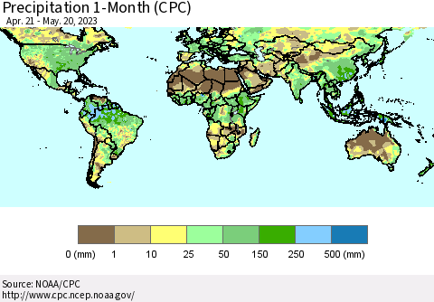 World Precipitation 1-Month (CPC) Thematic Map For 4/21/2023 - 5/20/2023