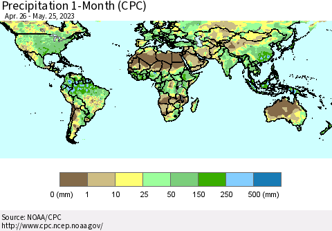 World Precipitation 1-Month (CPC) Thematic Map For 4/26/2023 - 5/25/2023