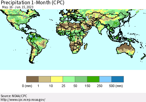 World Precipitation 1-Month (CPC) Thematic Map For 5/16/2023 - 6/15/2023