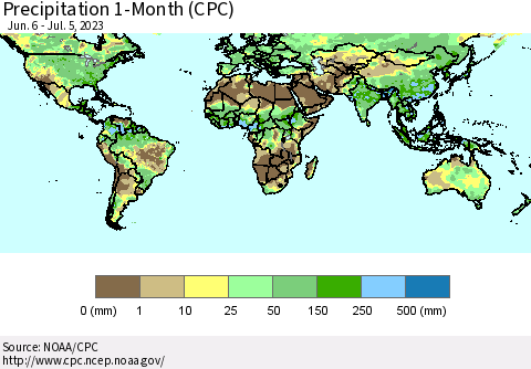 World Precipitation 1-Month (CPC) Thematic Map For 6/6/2023 - 7/5/2023