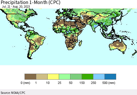 World Precipitation 1-Month (CPC) Thematic Map For 7/21/2023 - 8/20/2023