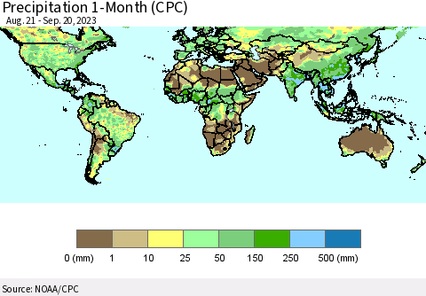 World Precipitation 1-Month (CPC) Thematic Map For 8/21/2023 - 9/20/2023