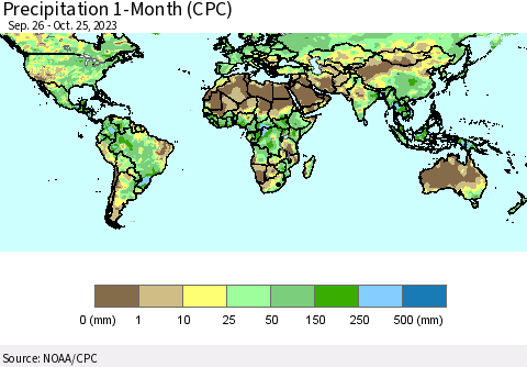 World Precipitation 1-Month (CPC) Thematic Map For 9/26/2023 - 10/25/2023