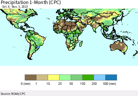 World Precipitation 1-Month (CPC) Thematic Map For 10/6/2023 - 11/5/2023