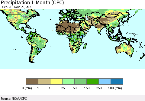 World Precipitation 1-Month (CPC) Thematic Map For 10/21/2023 - 11/20/2023