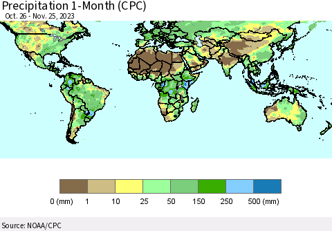 World Precipitation 1-Month (CPC) Thematic Map For 10/26/2023 - 11/25/2023