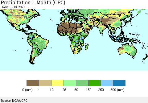 World Precipitation 1-Month (CPC) Thematic Map For 11/1/2023 - 11/30/2023