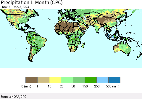 World Precipitation 1-Month (CPC) Thematic Map For 11/6/2023 - 12/5/2023