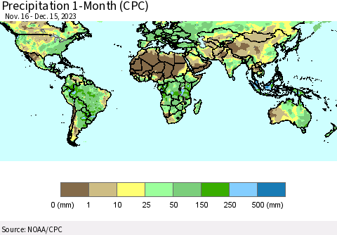 World Precipitation 1-Month (CPC) Thematic Map For 11/16/2023 - 12/15/2023