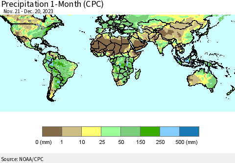 World Precipitation 1-Month (CPC) Thematic Map For 11/21/2023 - 12/20/2023