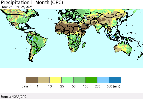 World Precipitation 1-Month (CPC) Thematic Map For 11/26/2023 - 12/25/2023