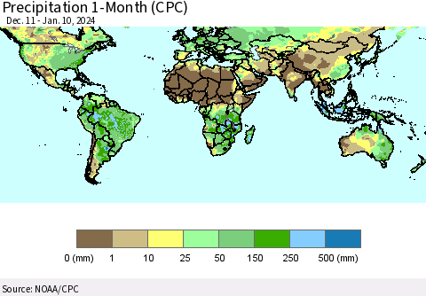 World Precipitation 1-Month (CPC) Thematic Map For 12/11/2023 - 1/10/2024