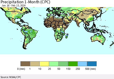 World Precipitation 1-Month (CPC) Thematic Map For 1/16/2024 - 2/15/2024