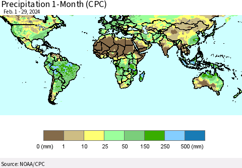 World Precipitation 1-Month (CPC) Thematic Map For 2/1/2024 - 2/29/2024