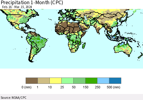 World Precipitation 1-Month (CPC) Thematic Map For 2/16/2024 - 3/15/2024