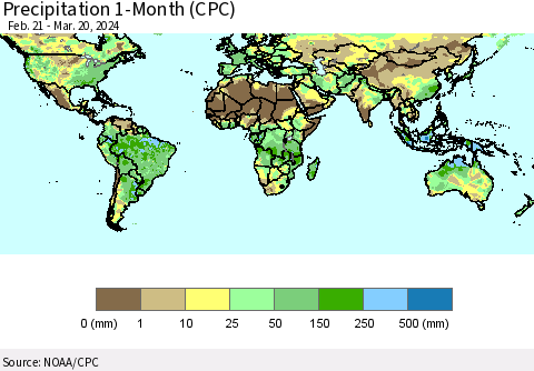 World Precipitation 1-Month (CPC) Thematic Map For 2/21/2024 - 3/20/2024