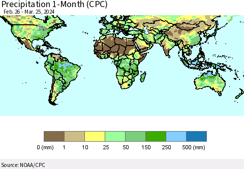World Precipitation 1-Month (CPC) Thematic Map For 2/26/2024 - 3/25/2024