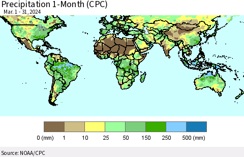 World Precipitation 1-Month (CPC) Thematic Map For 3/1/2024 - 3/31/2024