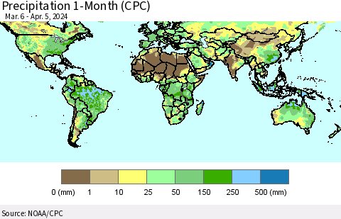 World Precipitation 1-Month (CPC) Thematic Map For 3/6/2024 - 4/5/2024