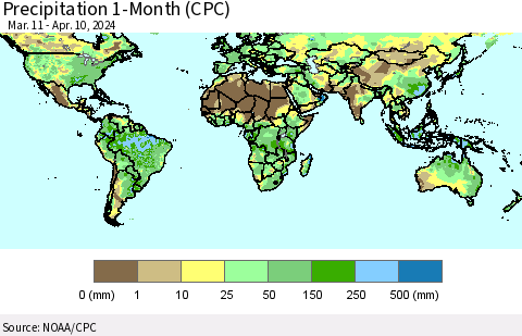 World Precipitation 1-Month (CPC) Thematic Map For 3/11/2024 - 4/10/2024
