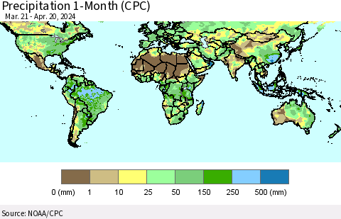 World Precipitation 1-Month (CPC) Thematic Map For 3/21/2024 - 4/20/2024