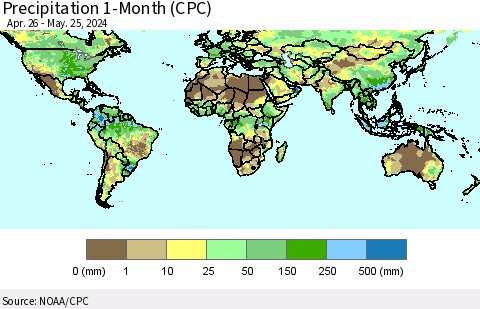 World Precipitation 1-Month (CPC) Thematic Map For 4/26/2024 - 5/25/2024
