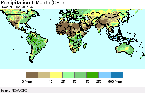 World Precipitation 1-Month (CPC) Thematic Map For 11/21/2024 - 12/20/2024