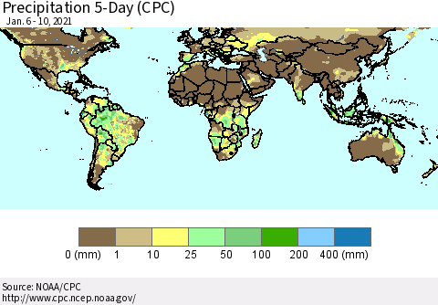 World Precipitation 5-Day (CPC) Thematic Map For 1/6/2021 - 1/10/2021