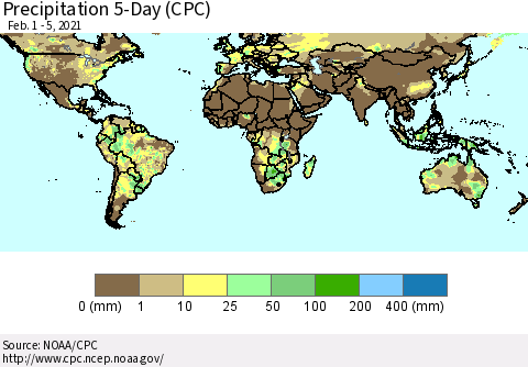 World Precipitation 5-Day (CPC) Thematic Map For 2/1/2021 - 2/5/2021
