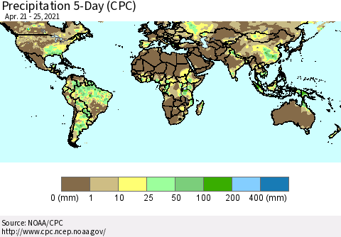 World Precipitation 5-Day (CPC) Thematic Map For 4/21/2021 - 4/25/2021