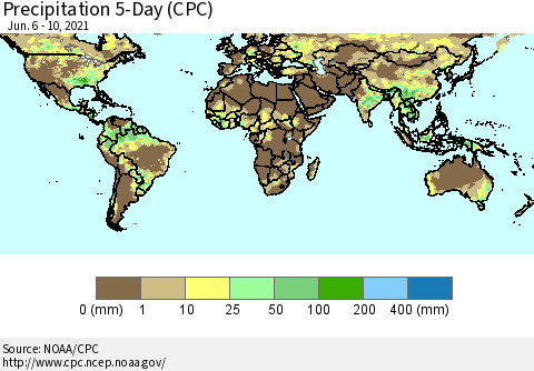 World Precipitation 5-Day (CPC) Thematic Map For 6/6/2021 - 6/10/2021
