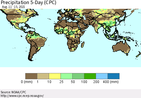 World Precipitation 5-Day (CPC) Thematic Map For 8/11/2021 - 8/15/2021