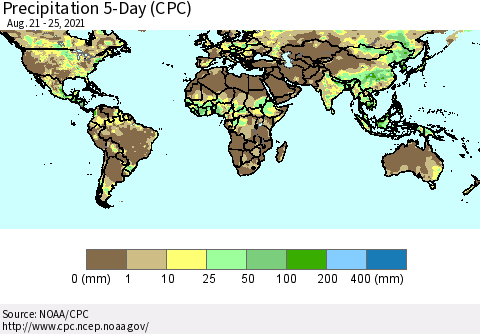 World Precipitation 5-Day (CPC) Thematic Map For 8/21/2021 - 8/25/2021