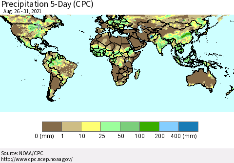 World Precipitation 5-Day (CPC) Thematic Map For 8/26/2021 - 8/31/2021
