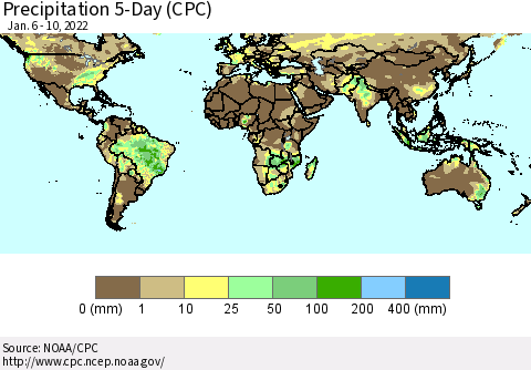 World Precipitation 5-Day (CPC) Thematic Map For 1/6/2022 - 1/10/2022