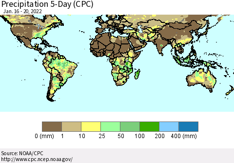 World Precipitation 5-Day (CPC) Thematic Map For 1/16/2022 - 1/20/2022