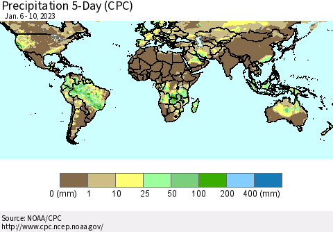 World Precipitation 5-Day (CPC) Thematic Map For 1/6/2023 - 1/10/2023
