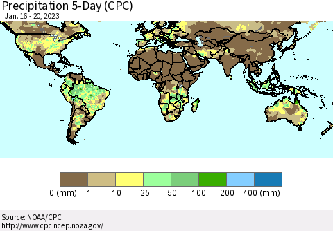 World Precipitation 5-Day (CPC) Thematic Map For 1/16/2023 - 1/20/2023