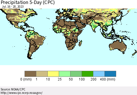 World Precipitation 5-Day (CPC) Thematic Map For 7/16/2023 - 7/20/2023