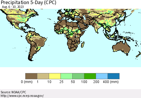 World Precipitation 5-Day (CPC) Thematic Map For 8/6/2023 - 8/10/2023