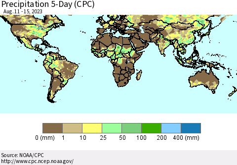World Precipitation 5-Day (CPC) Thematic Map For 8/11/2023 - 8/15/2023