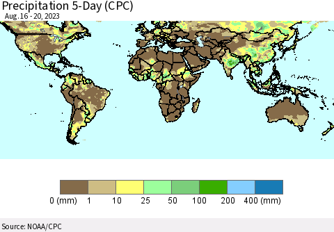 World Precipitation 5-Day (CPC) Thematic Map For 8/16/2023 - 8/20/2023