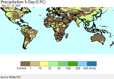 World Precipitation 5-Day (CPC) Thematic Map For 8/21/2023 - 8/25/2023