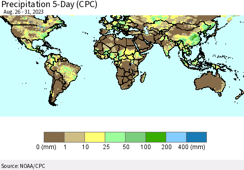 World Precipitation 5-Day (CPC) Thematic Map For 8/26/2023 - 8/31/2023