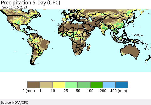World Precipitation 5-Day (CPC) Thematic Map For 9/11/2023 - 9/15/2023