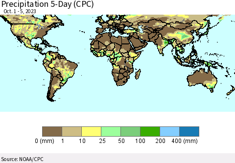 World Precipitation 5-Day (CPC) Thematic Map For 10/1/2023 - 10/5/2023