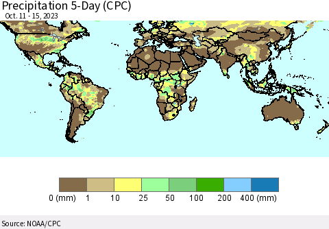 World Precipitation 5-Day (CPC) Thematic Map For 10/11/2023 - 10/15/2023
