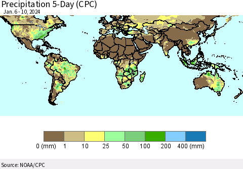 World Precipitation 5-Day (CPC) Thematic Map For 1/6/2024 - 1/10/2024