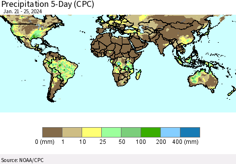 World Precipitation 5-Day (CPC) Thematic Map For 1/21/2024 - 1/25/2024