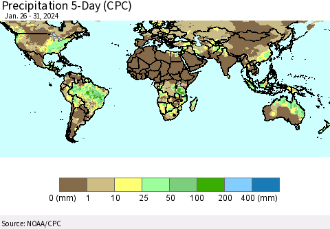 World Precipitation 5-Day (CPC) Thematic Map For 1/26/2024 - 1/31/2024